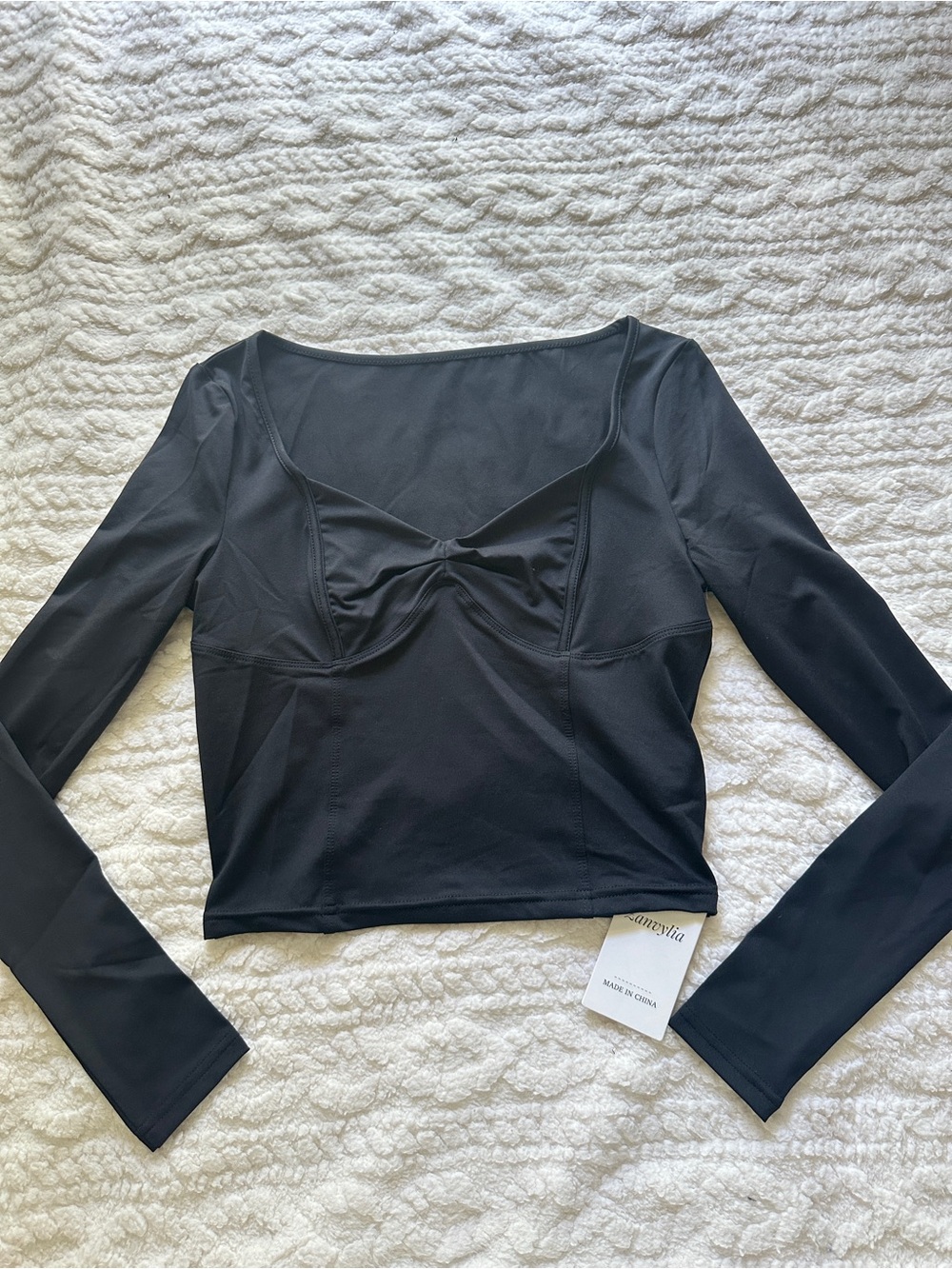 Womens Black V Neck Long Sleeve Pleated Bustier T Shirt Trendy Seamed Cup Y2K